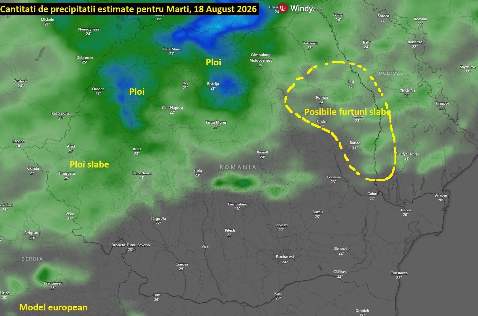 Precipitații estimate pentru Marți, 18 August 2026