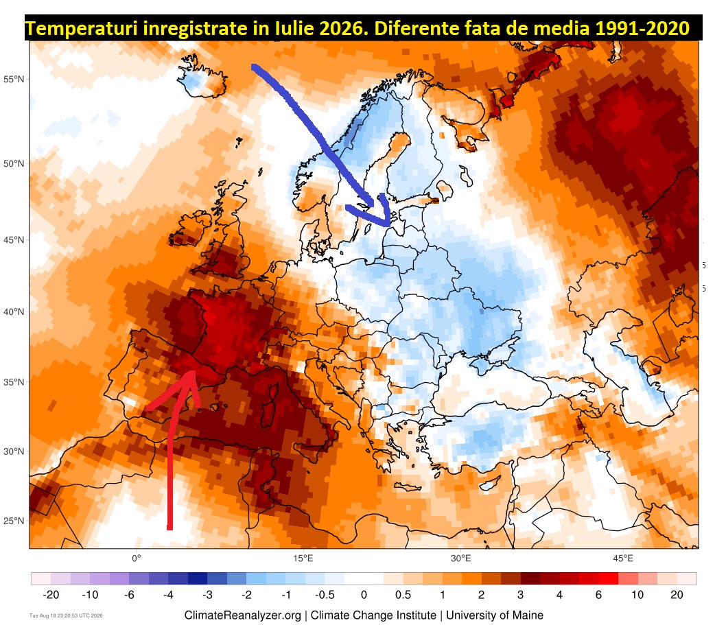 Temperaturi înregistrate în iulie 2026. Diferențe față de media 1991-2020