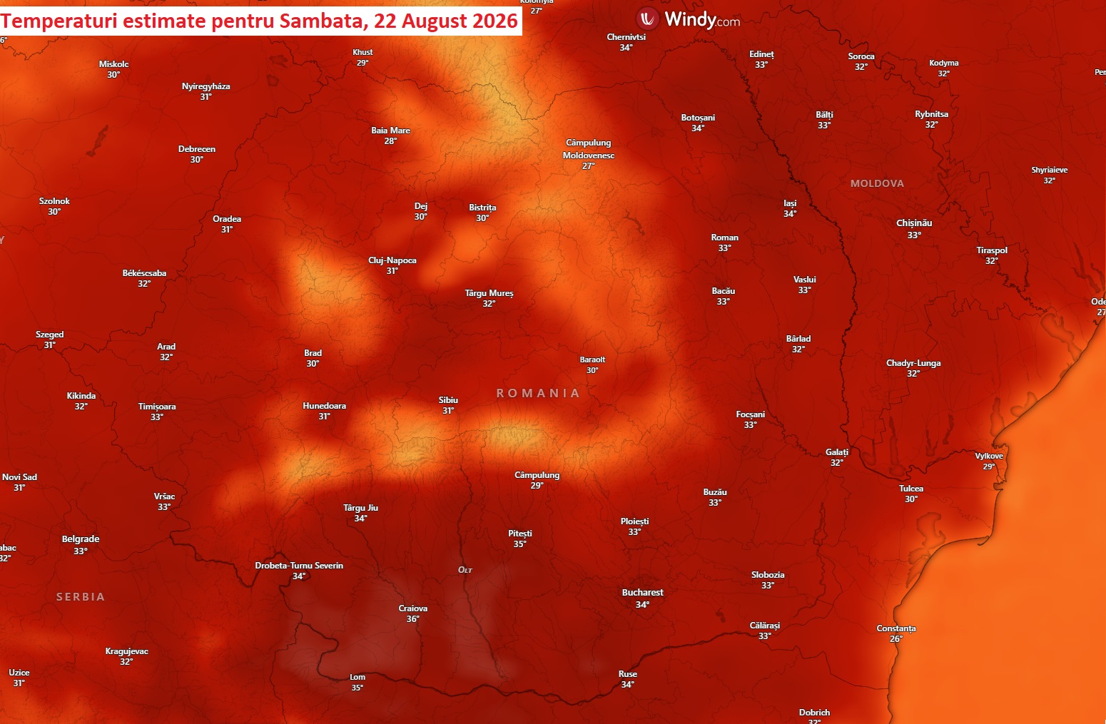 Temperaturi estimate pentru Sâmbătă, 22 August 2026