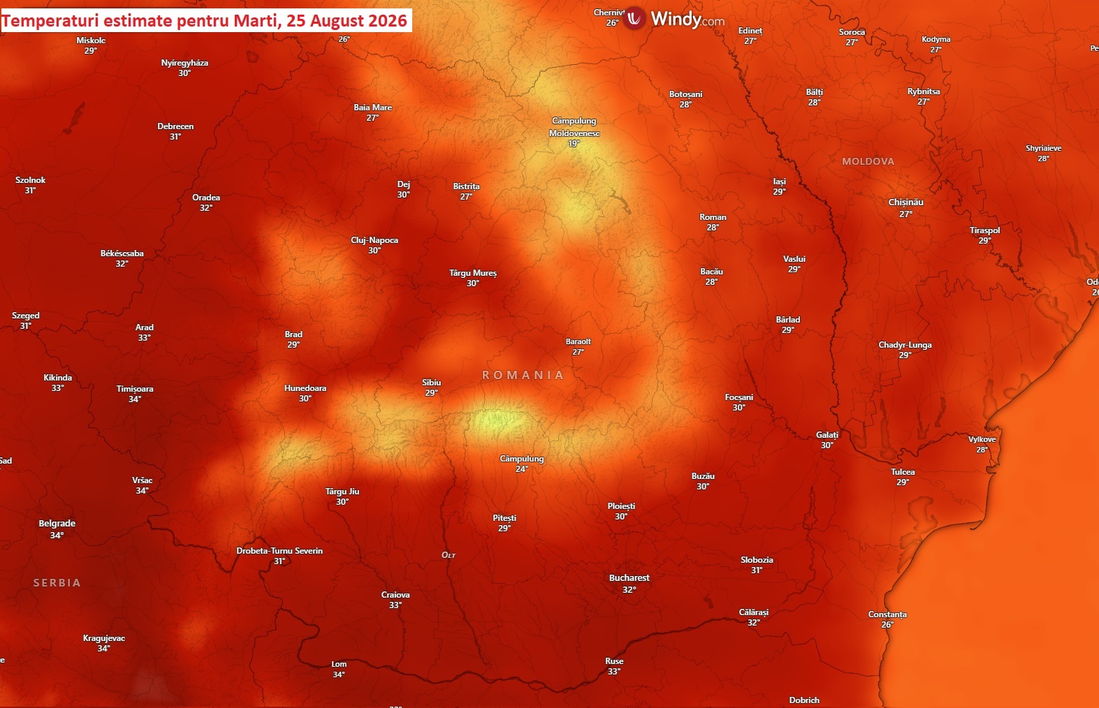 Temperaturi estimate pentru Marți, 25 August 2026