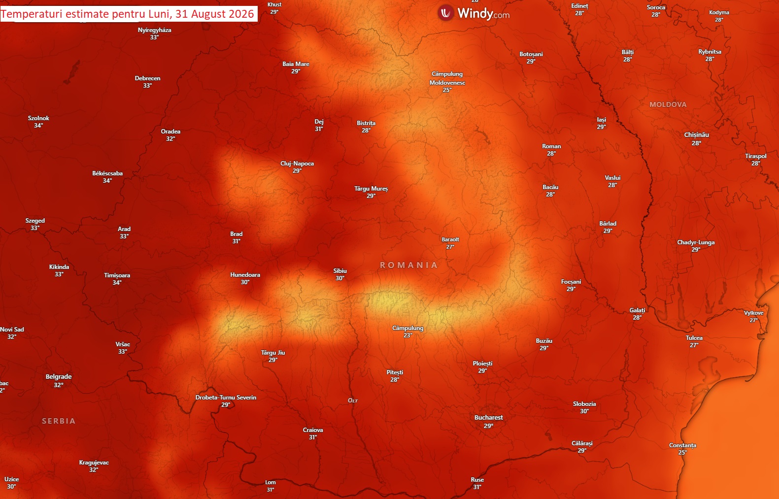 Temperaturi estimate pentru luni, 31 august 2026