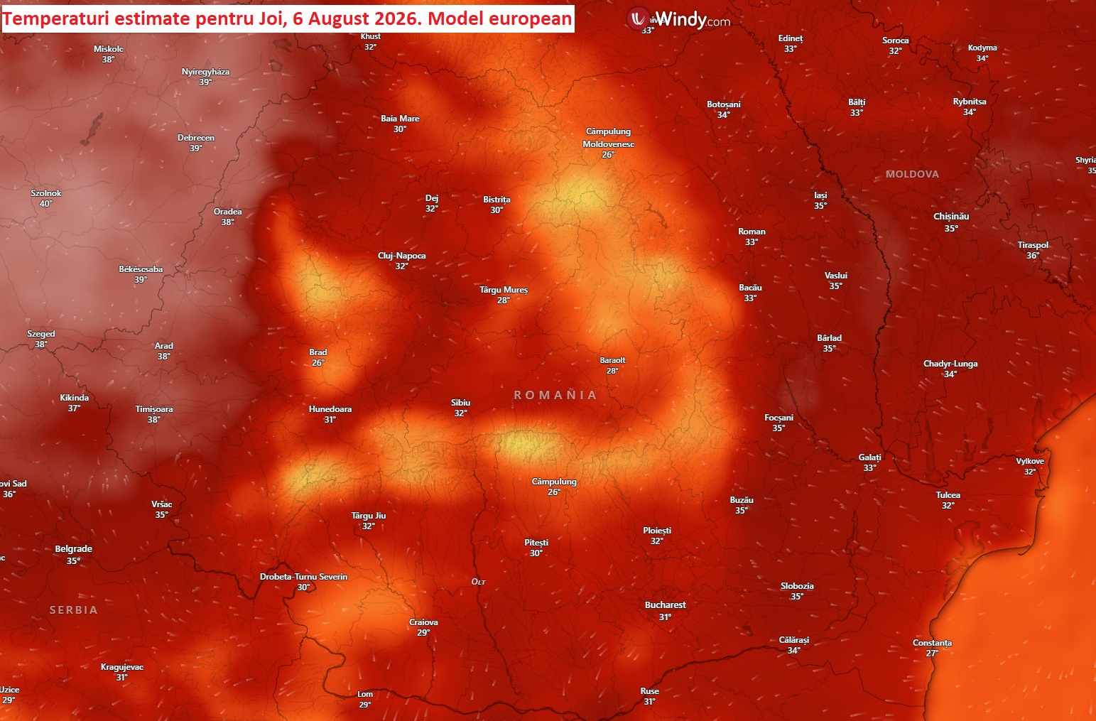 Temperaturi estimate pentru Joi, 6 August 2026. Model european