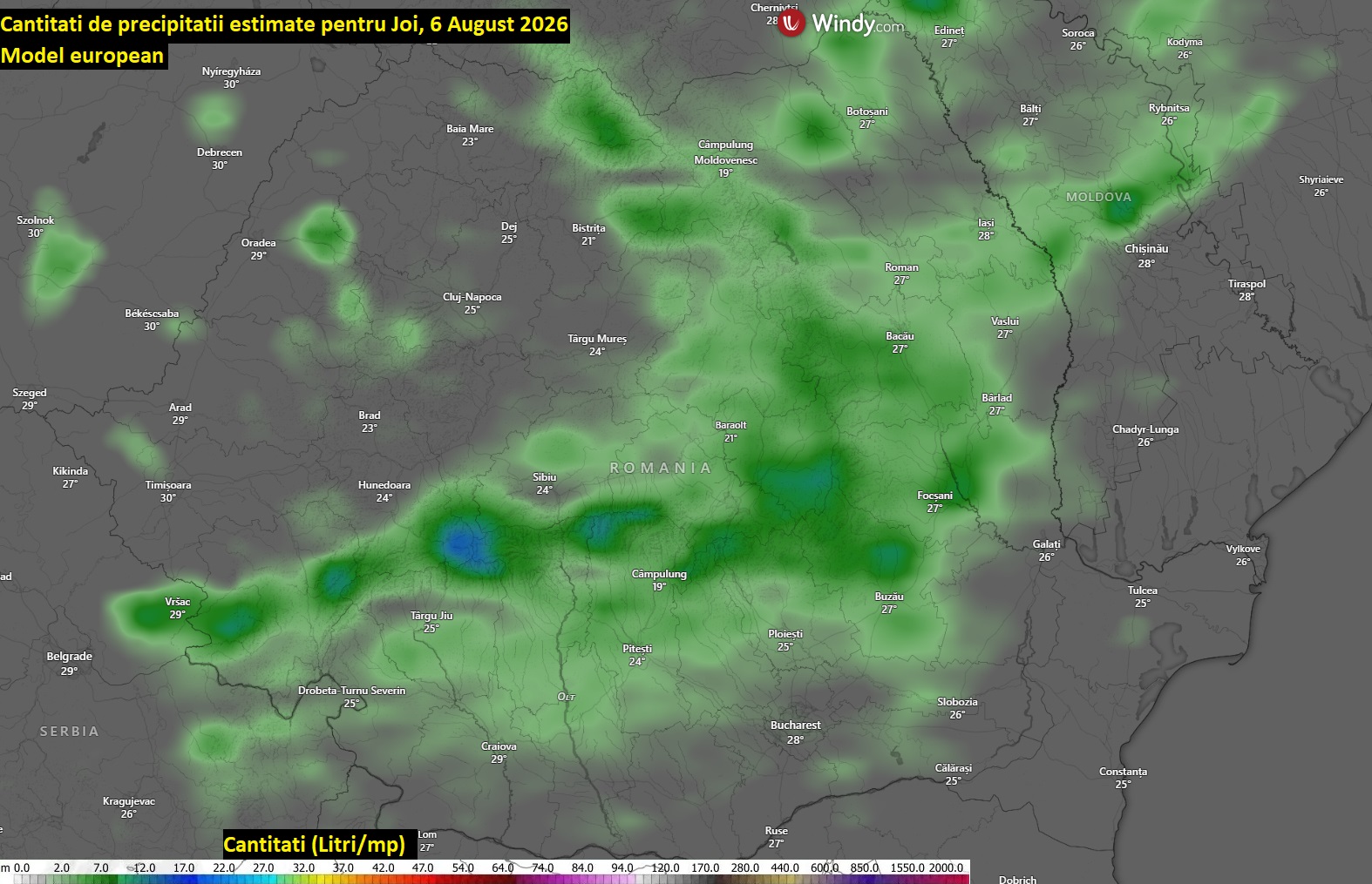 Cantitati de precipitatii estimate pentru Joi, 6 August 2026