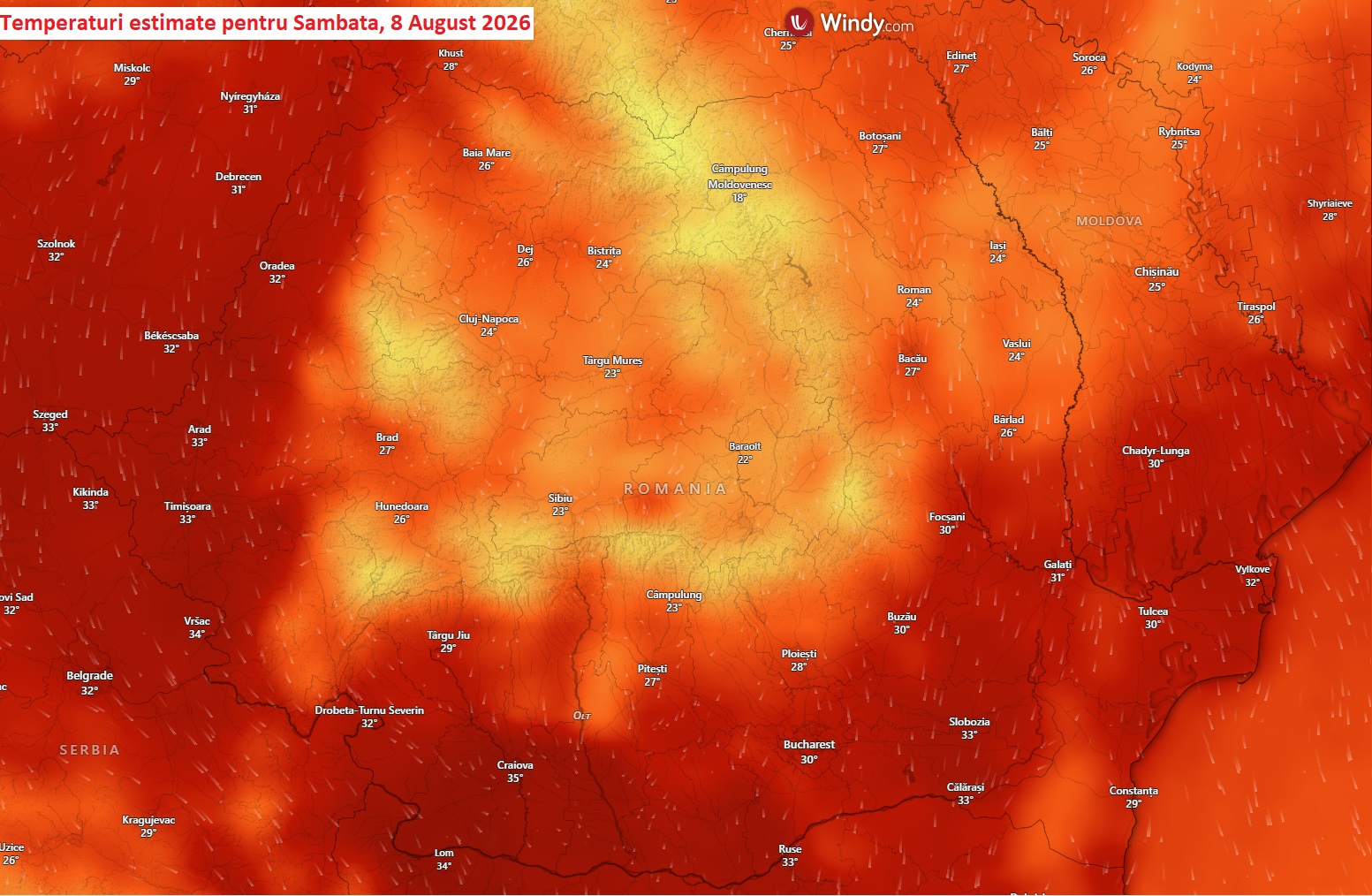 Temperaturi estimate pentru Sâmbătă, 8 August 2026