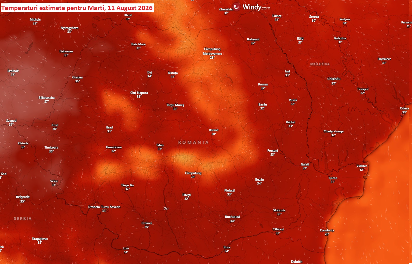 Temperaturi estimate pentru marți, 11 august 2026