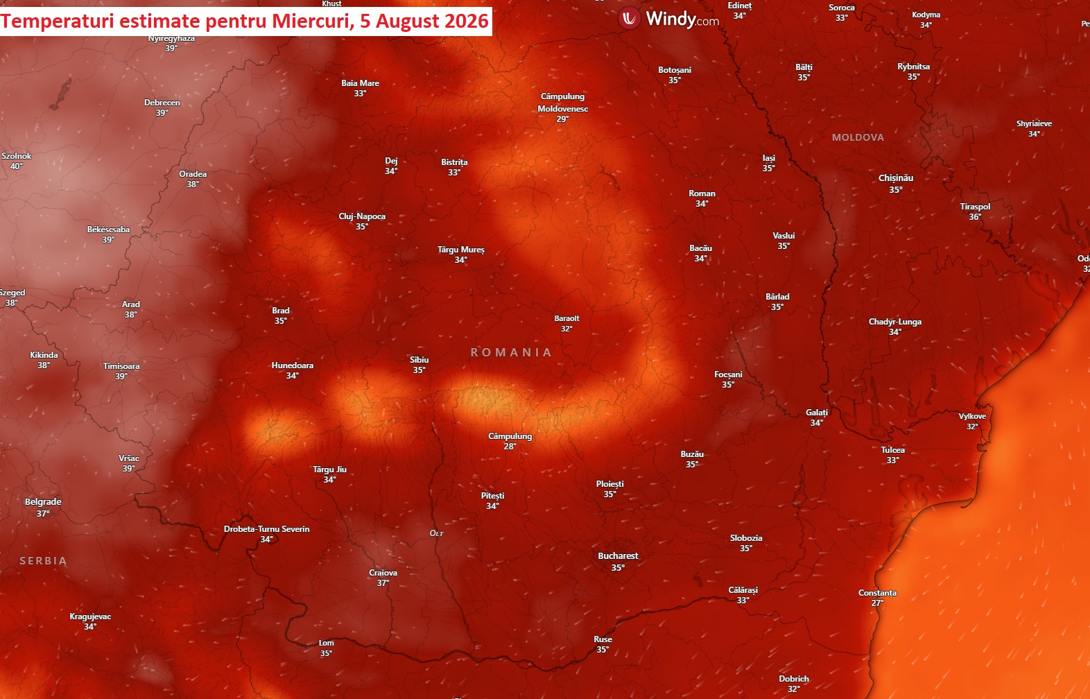 Temperaturi estimate pentru Miercuri, 5 August 2026