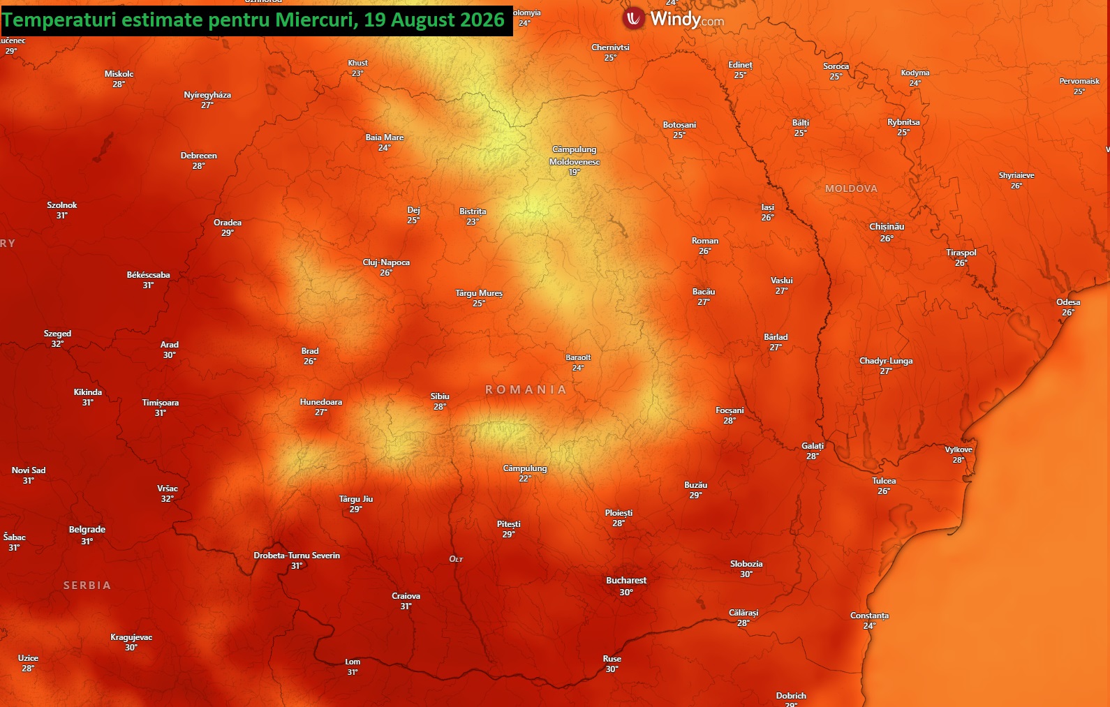 Temperaturi estimate pentru Miercuri, 19 August 2026