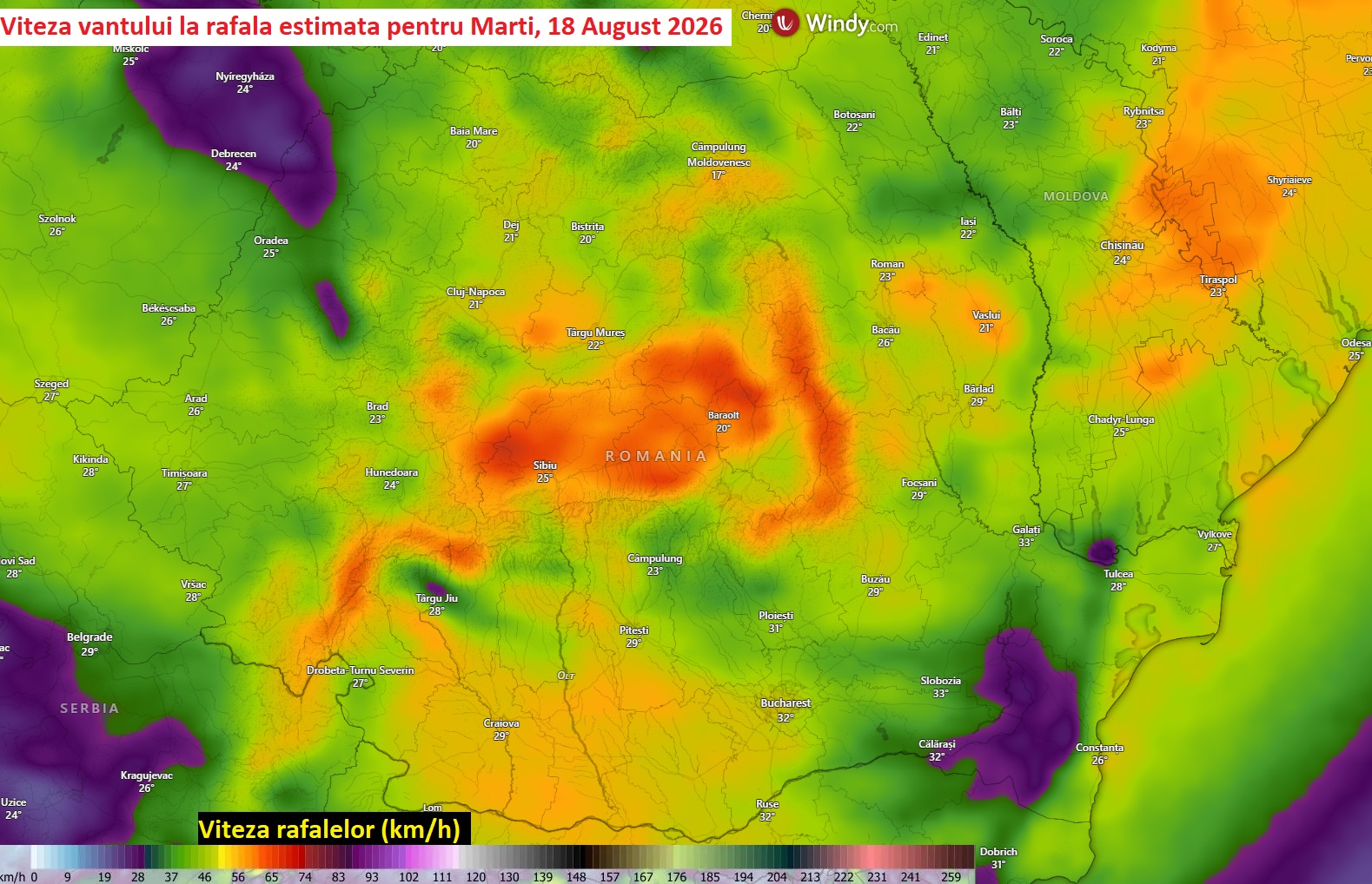 Viteza vantului la rafala estimata pentru Marti, 18 August 2026