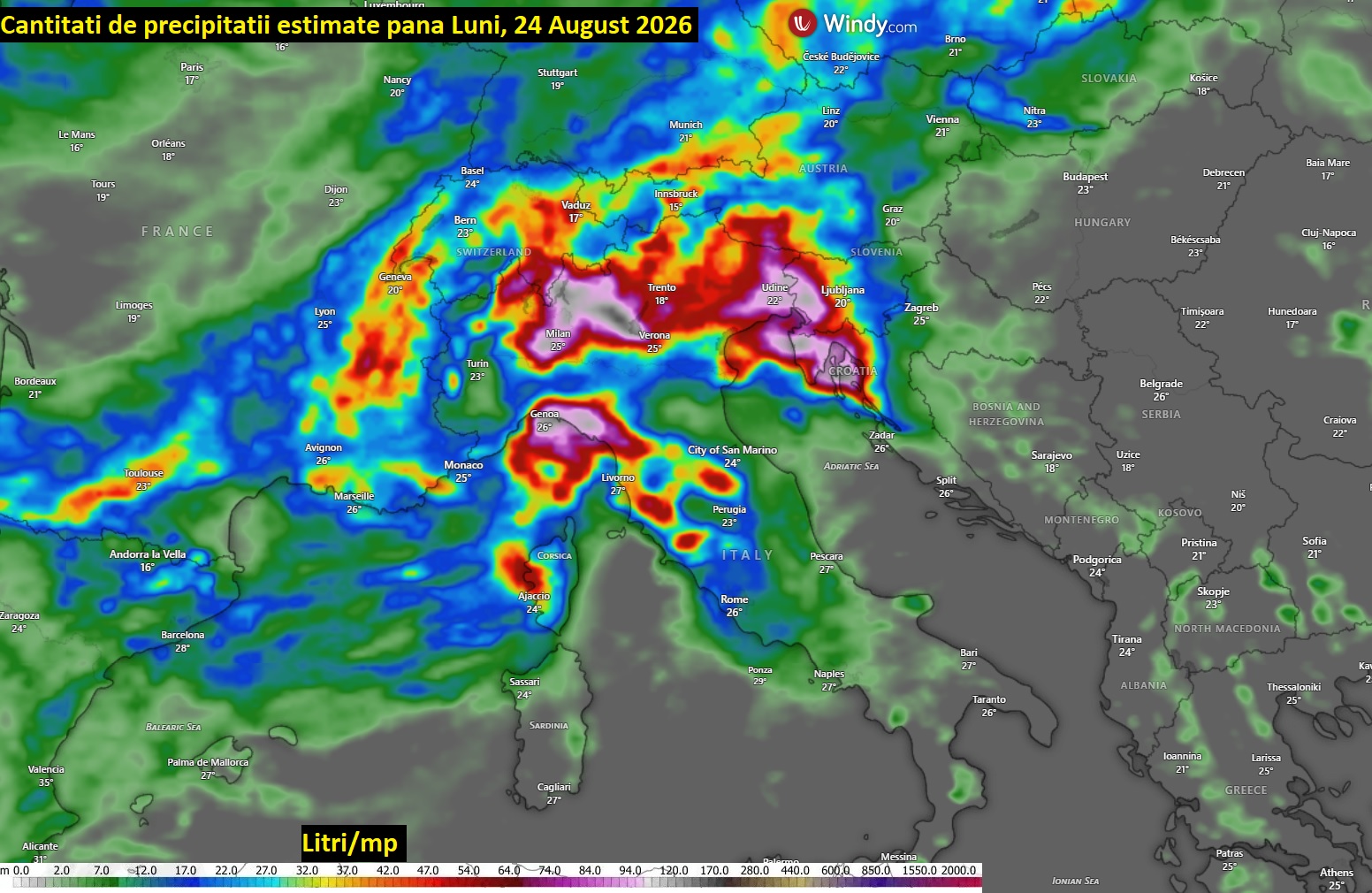 Cantități de precipitații estimate până luni, 24 august 2026