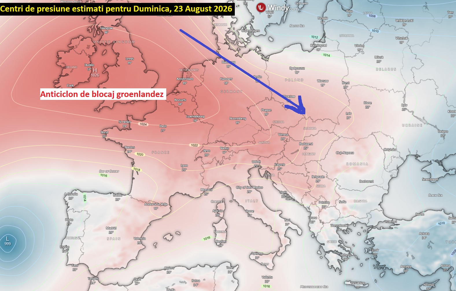Centri de presiune estimati pentru Duminica, 23 August 2026