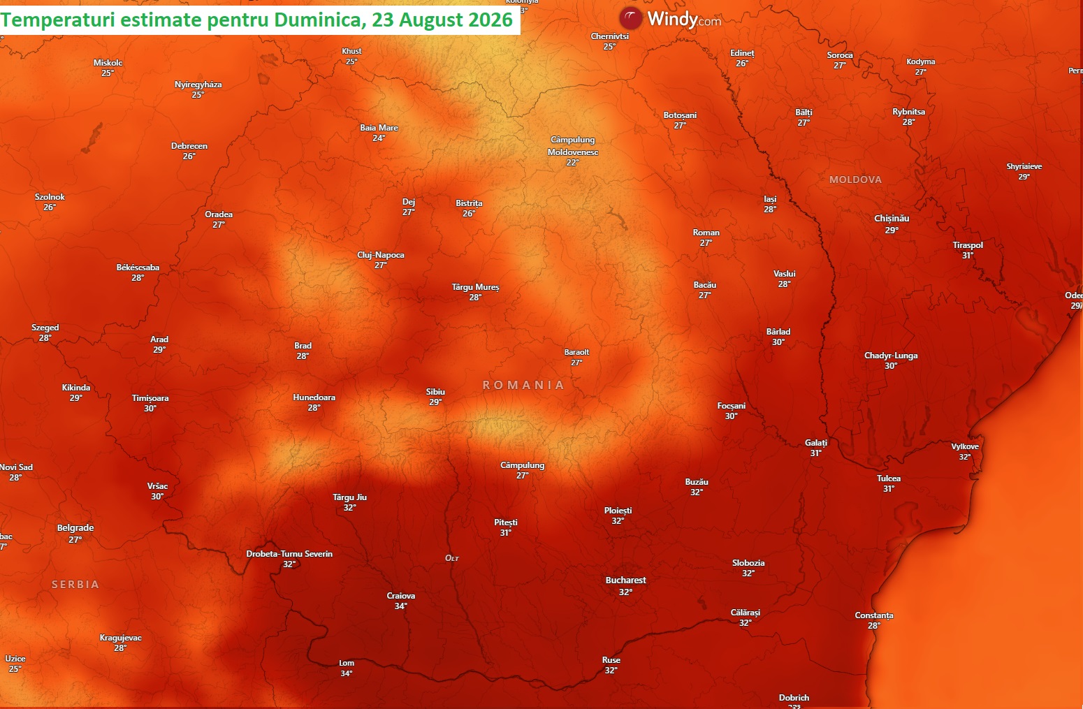 Temperaturi estimate pentru Duminică, 23 August 2026