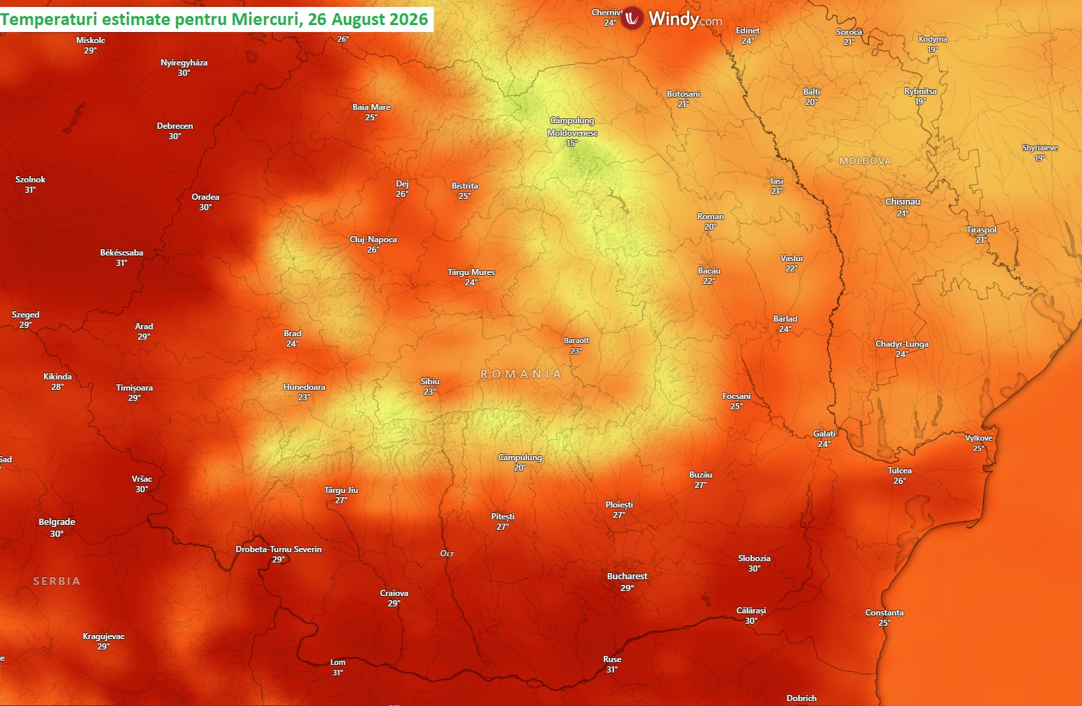 Temperaturi estimate pentru Miercuri, 26 August 2026