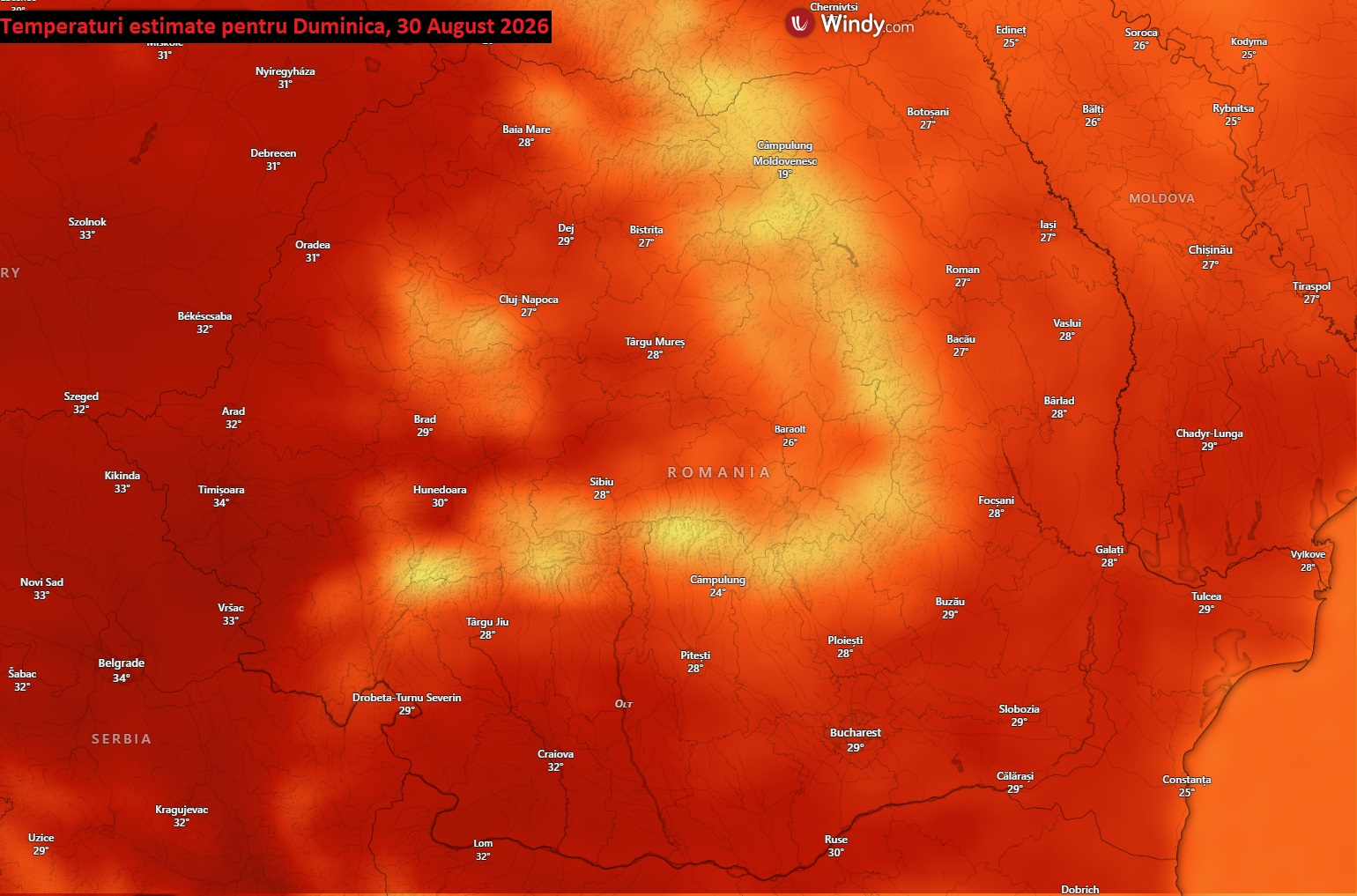 Temperaturi estimate pentru ziua de Duminică, 30 August 2026