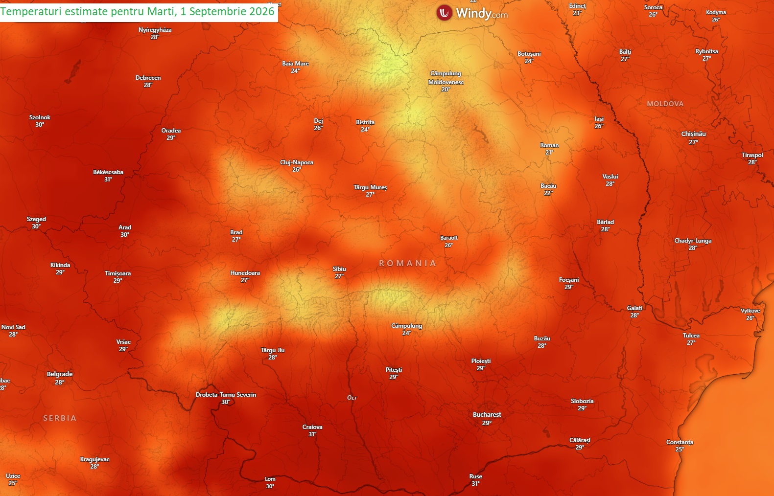 Temperaturi estimate pentru marți, 1 septembrie 2026