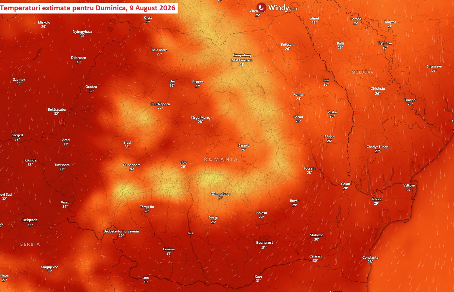 Temperaturi estimate pentru Duminică, 9 August 2026