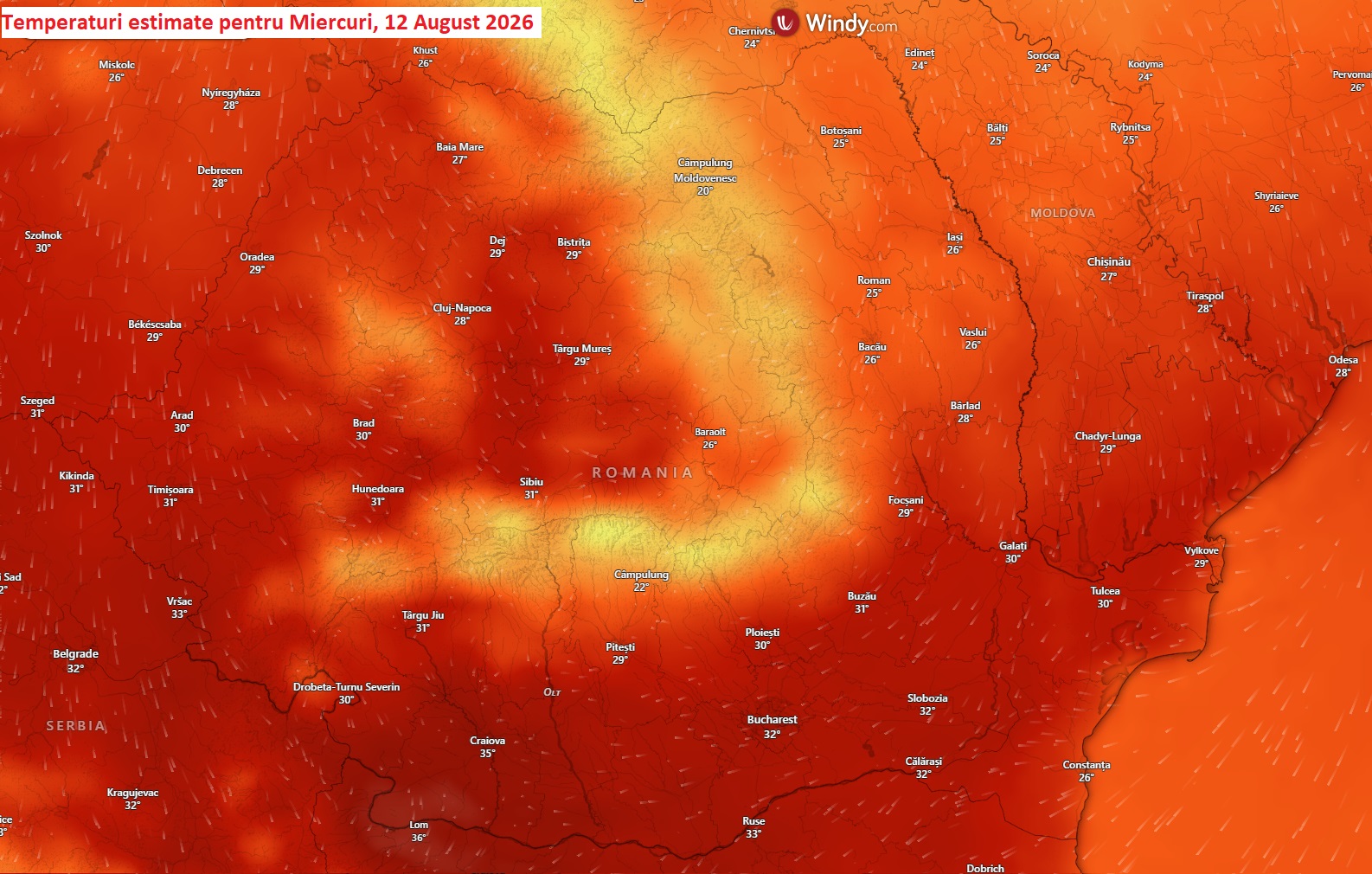 Temperaturi estimate pentru miercuri, 12 august 2026