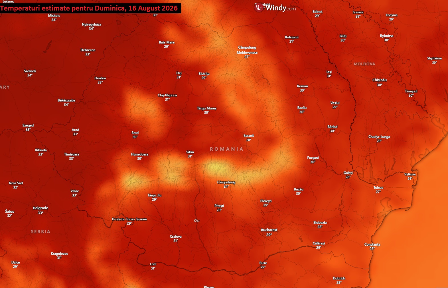 Temperaturi estimate pentru Duminică, 16 August 2026