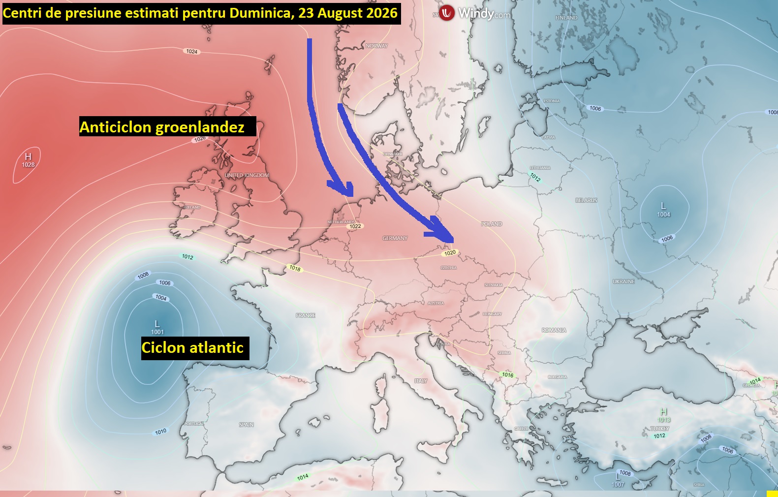 Centri de presiune estimați pentru duminică, 23 august 2026