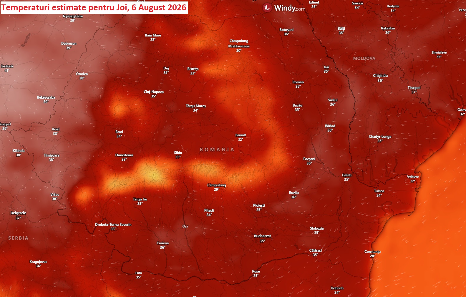 Temperaturi estimate pentru Joi, 6 August 2026