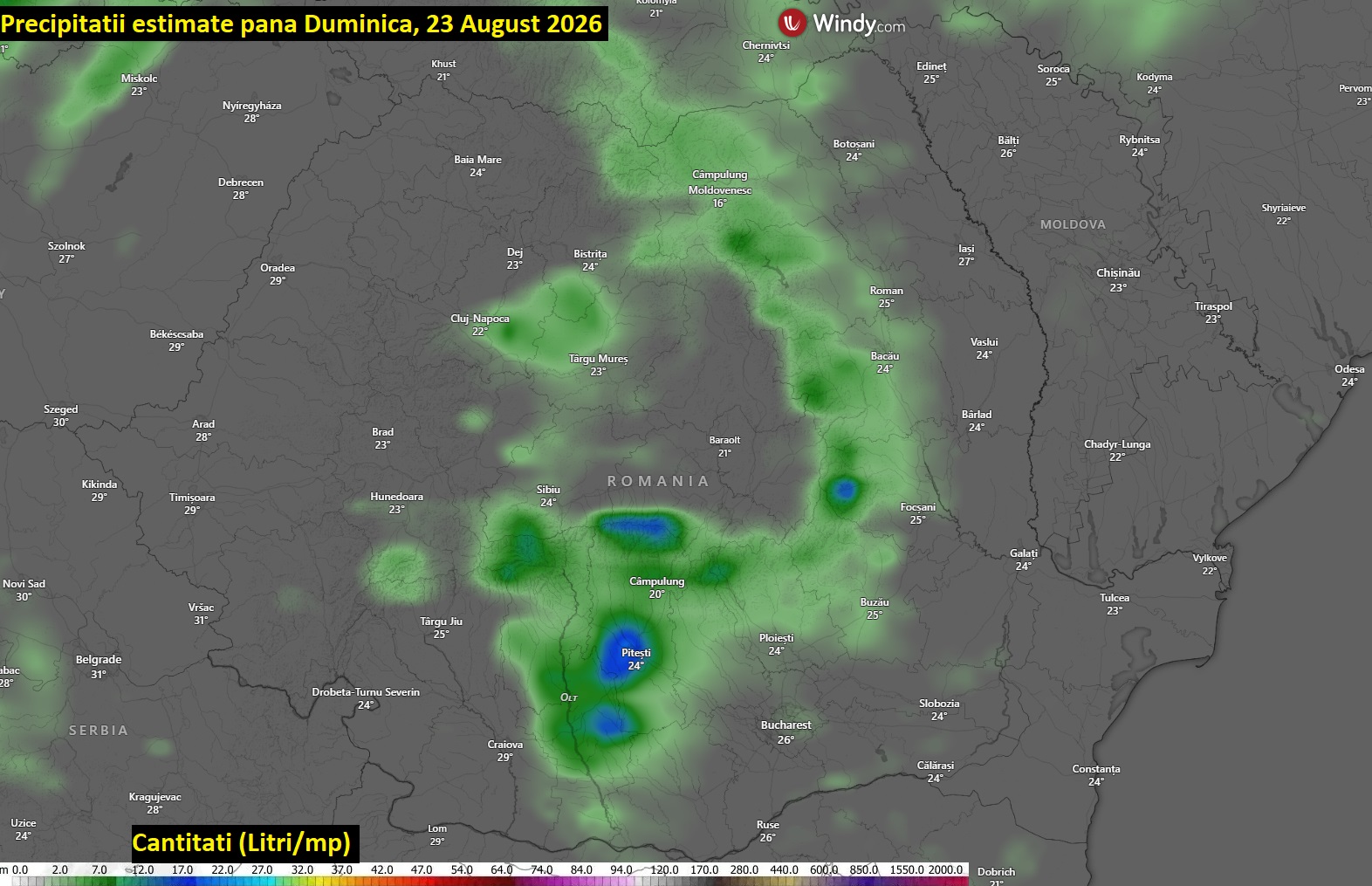 Precipitații estimate până Duminică, 23 August 2026