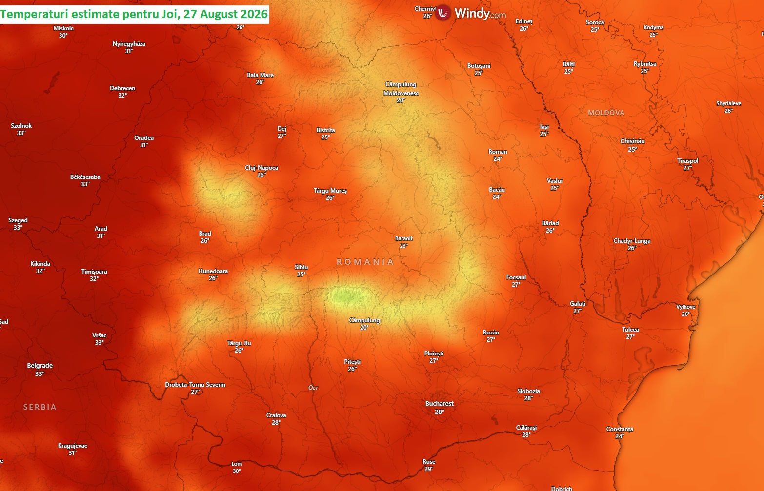 Temperaturi estimate pentru Joi, 27 August 2026