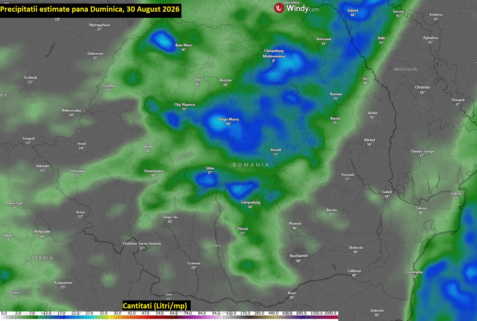 Precipitații estimate până Duminică, 30 August 2026