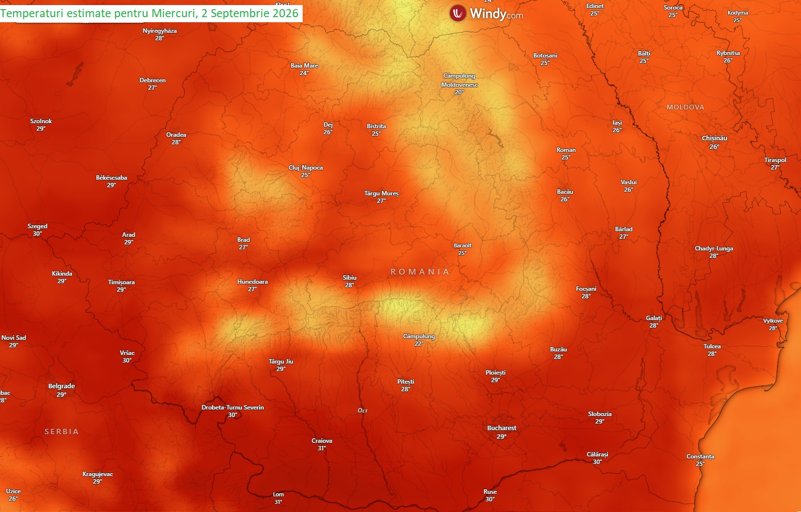 Temperaturi estimate pentru miercuri, 2 septembrie 2026
