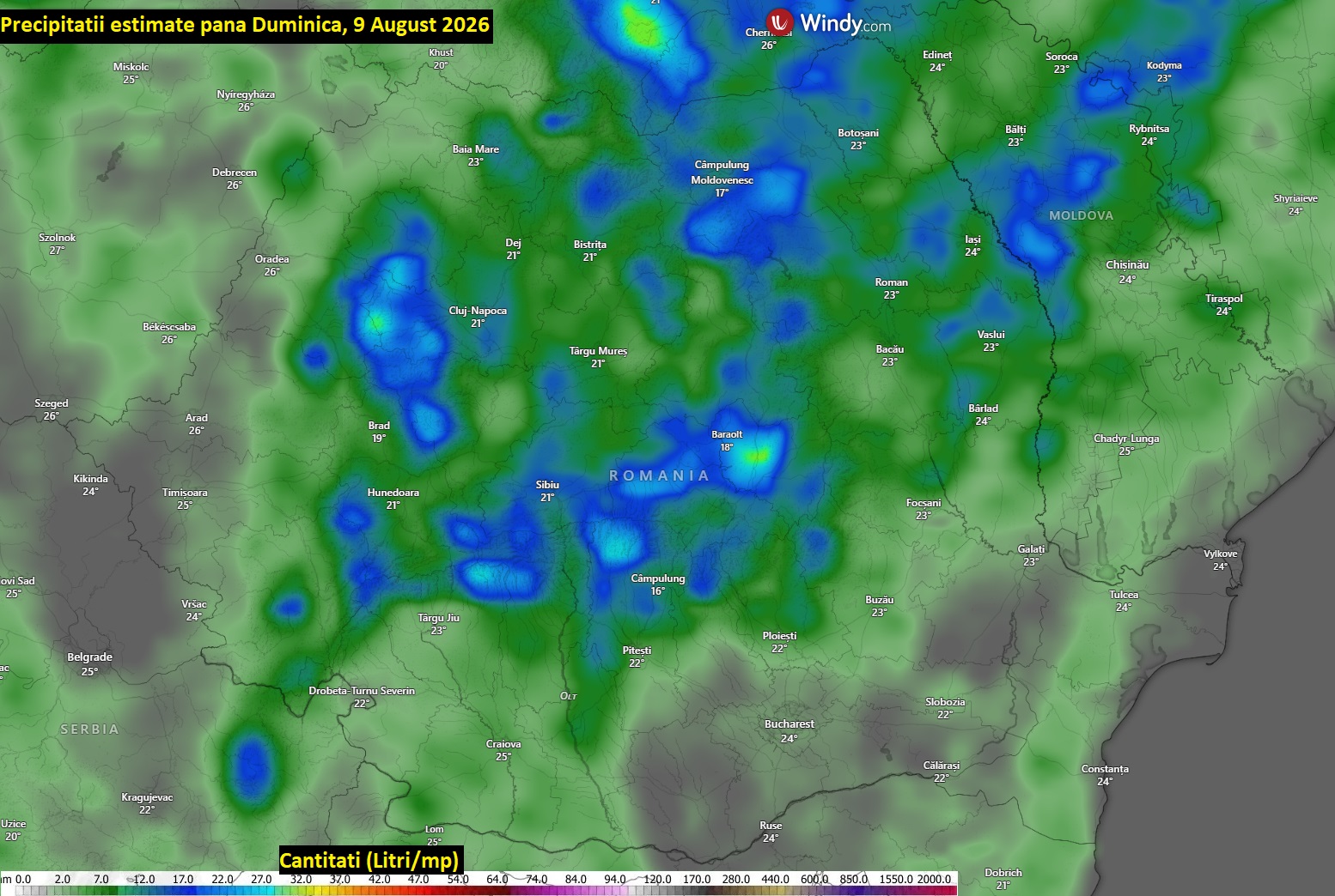 Precipitații estimate până Duminică, 9 August 2026