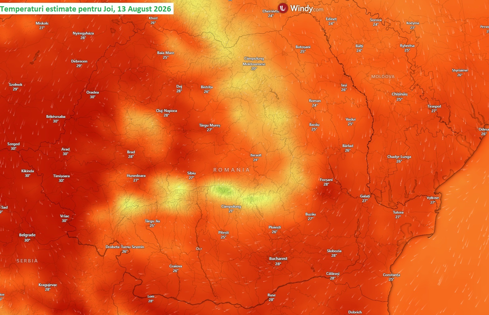 Temperaturi estimate pentru joi, 13 august 2026
