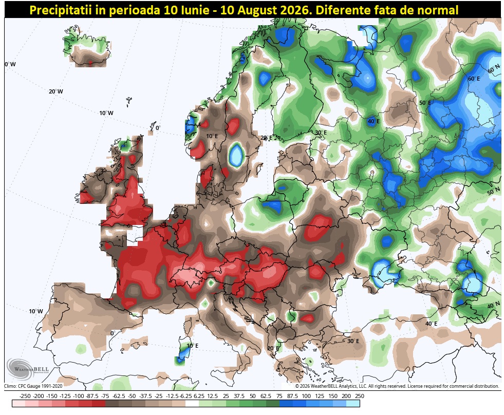 Precipitații. Diferențe față de medie în perioada 10 Iunie - 10 August 2026