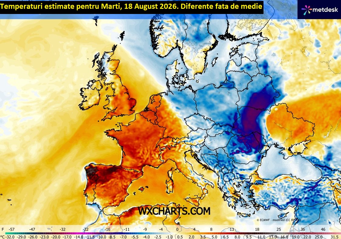 Temperaturi estimate pentru Marti, 18 August 2026