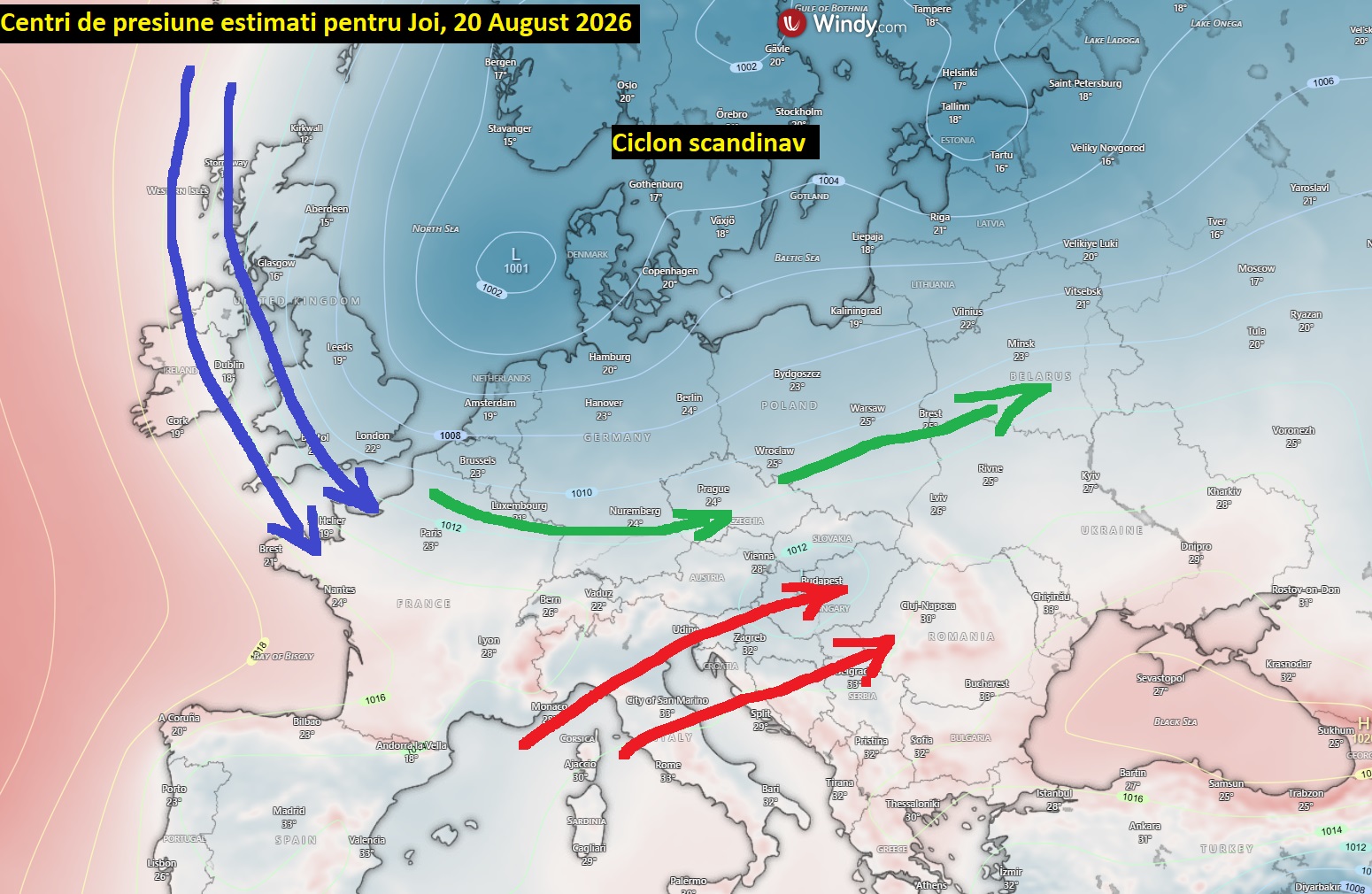 Centri de presiune estimați pentru joi, 20 august 2026
