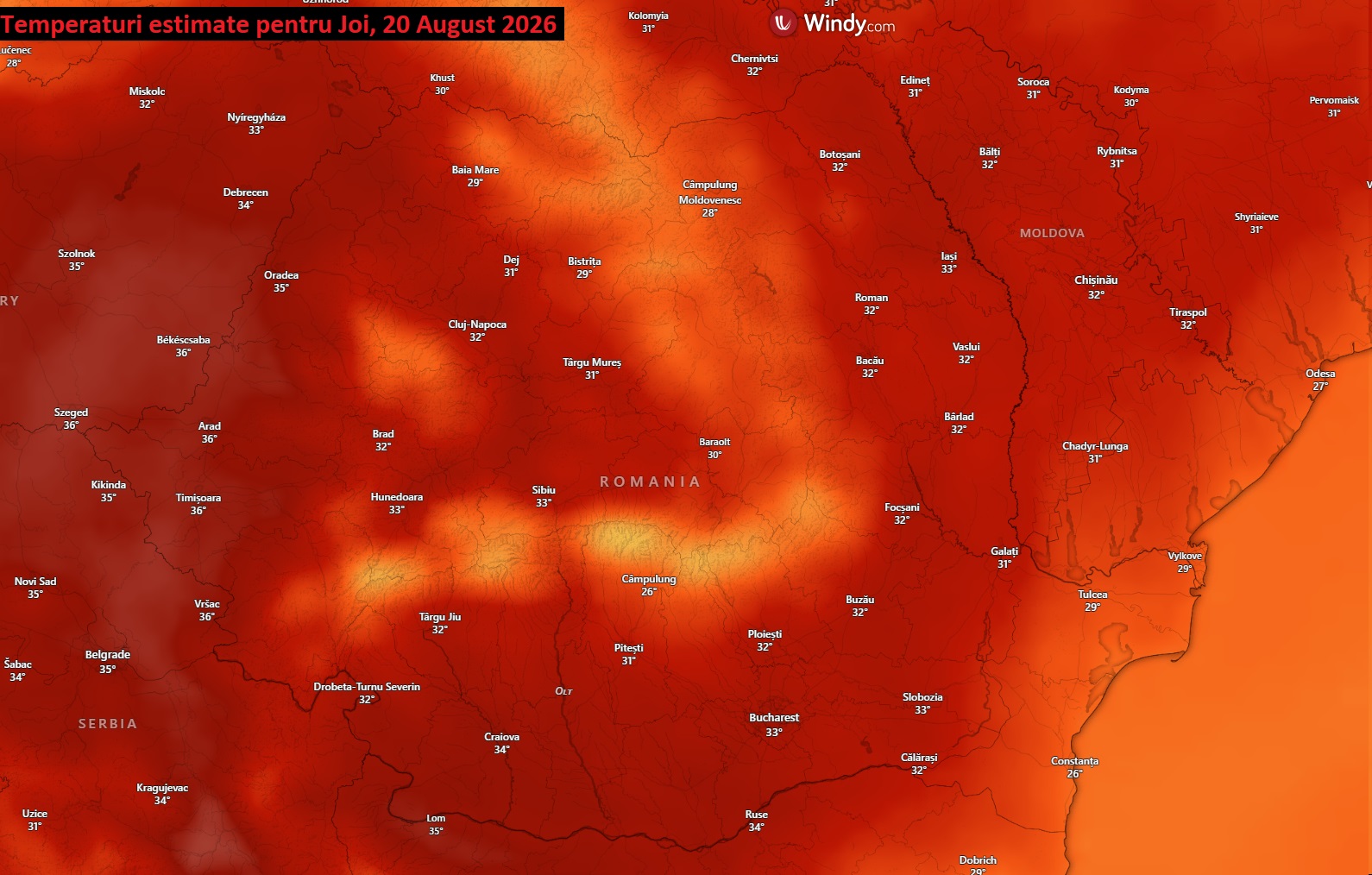 Temperaturi estimate pentru Joi, 20 August 2026