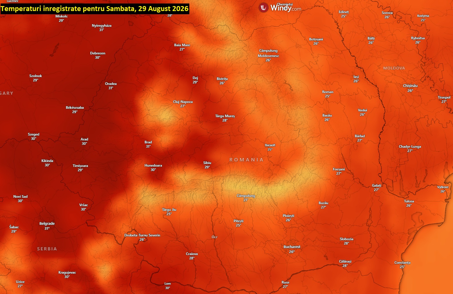 Temperaturi estimate pentru Sâmbătă, 29 August 2026