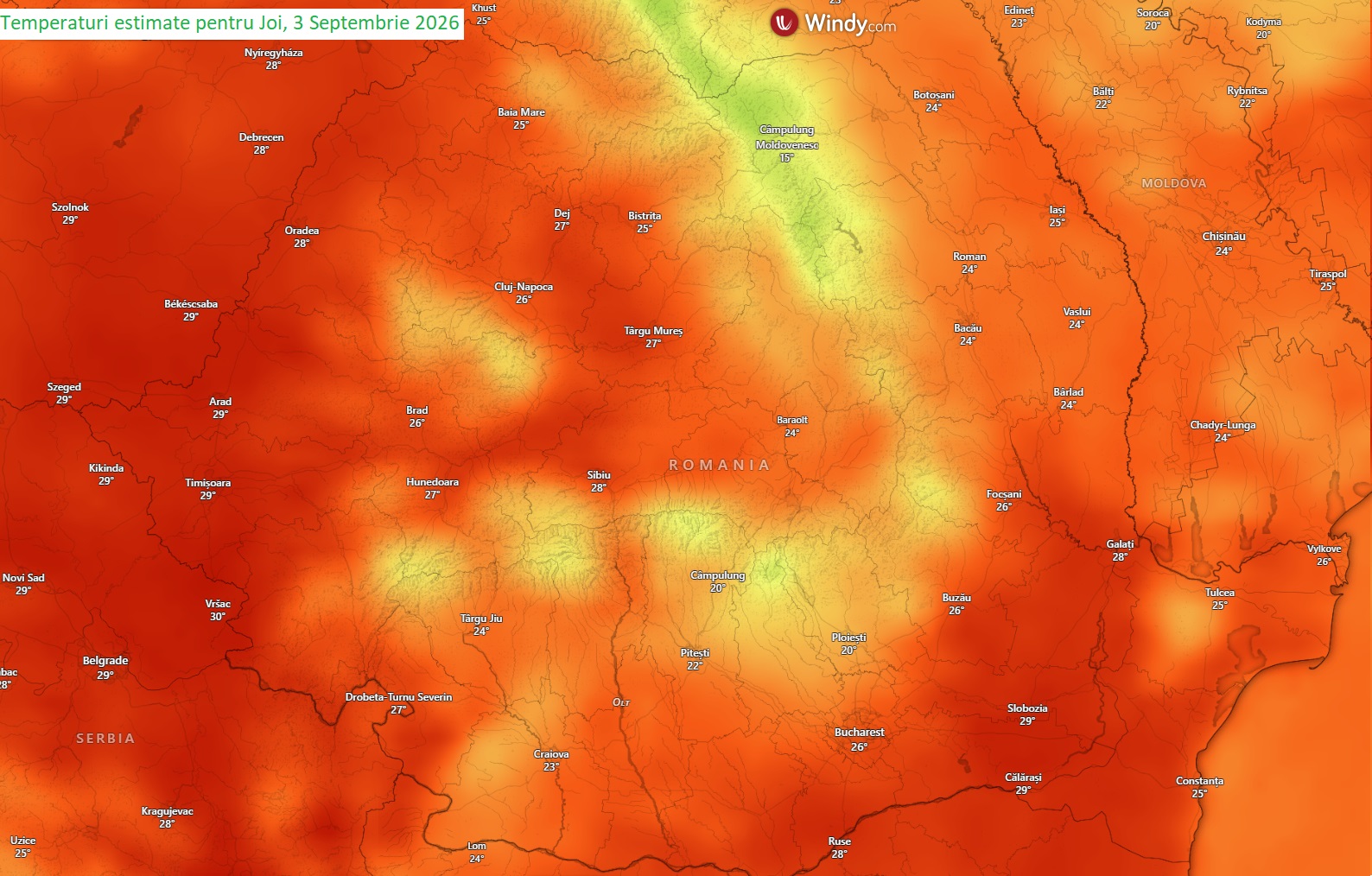 Temperaturi estimate pentru joi, 3 septembrie 2026