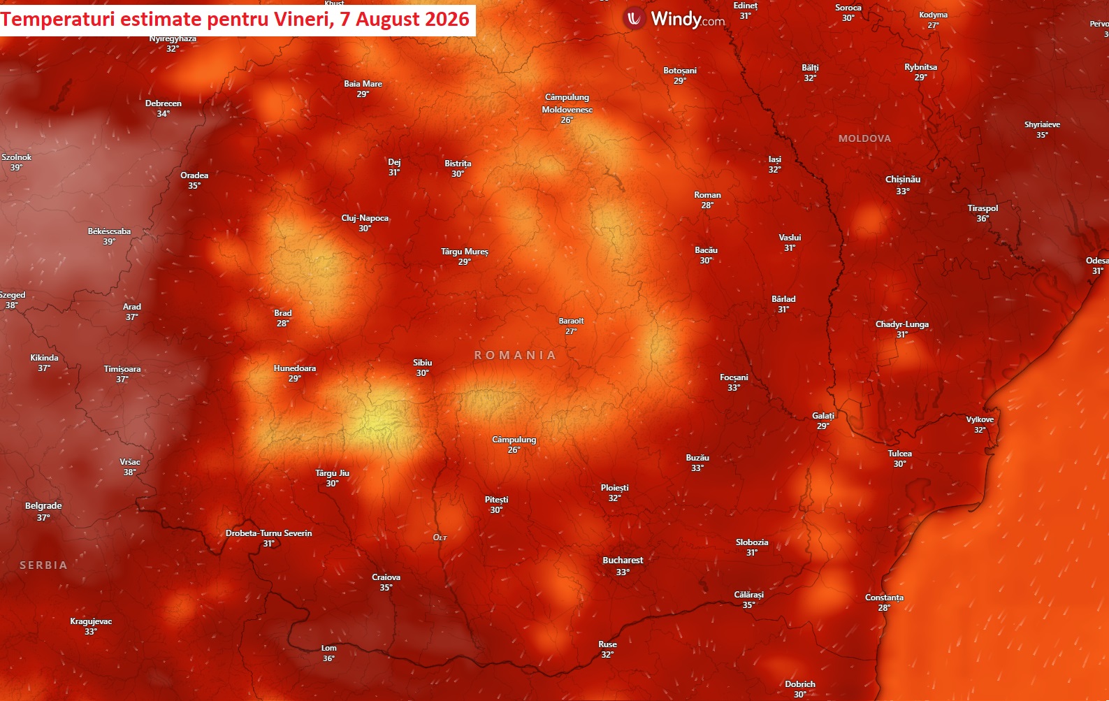 Temperaturi estimate pentru Vineri 7 August 2026