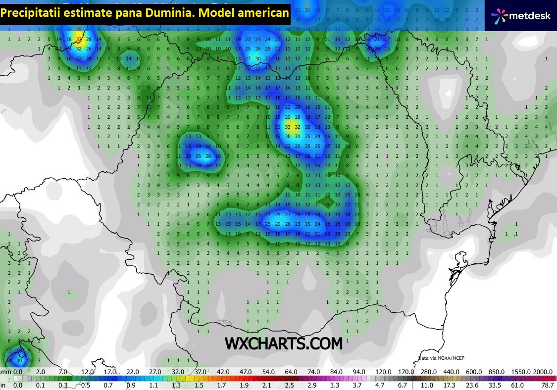 Precipitații estimate până Duminică, 9 August 2026. Model american.