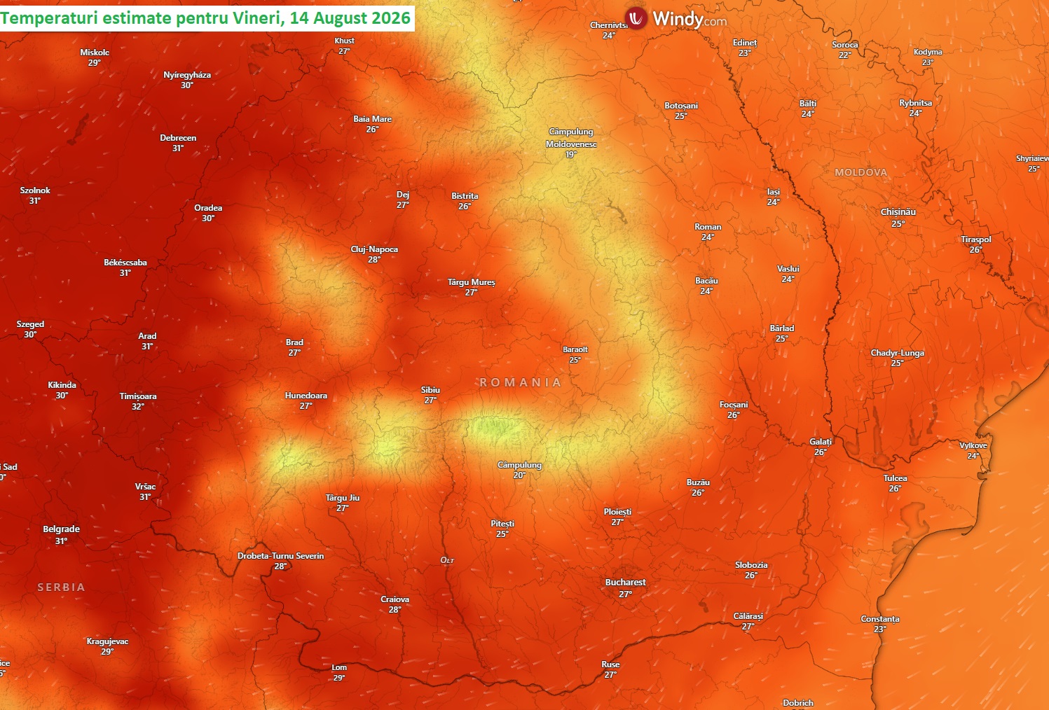 Temperaturi estimate pentru vineri, 14 august 2026