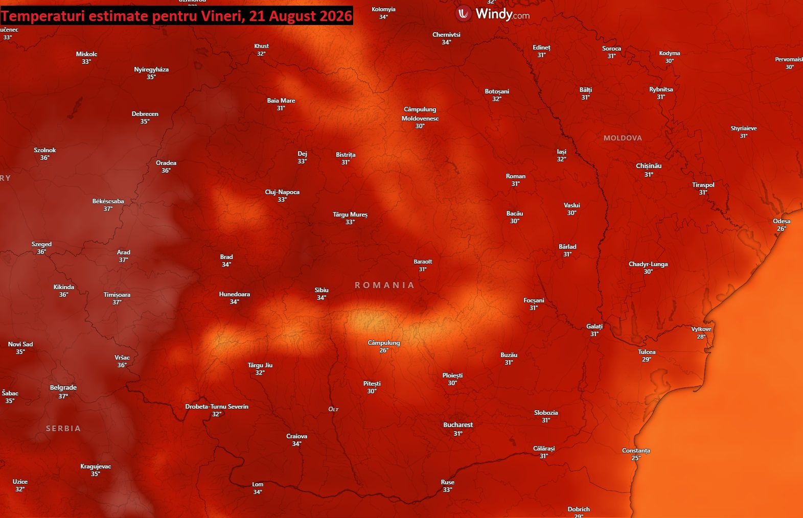 Temperaturi estimate pentru Vineri, 21 August 2026