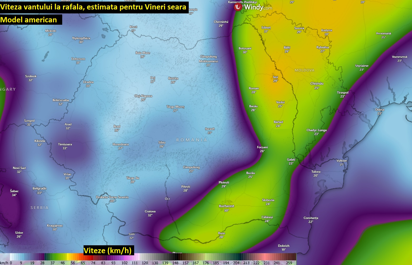 Viteza vantului estimata pentru Vineri seara. Model american