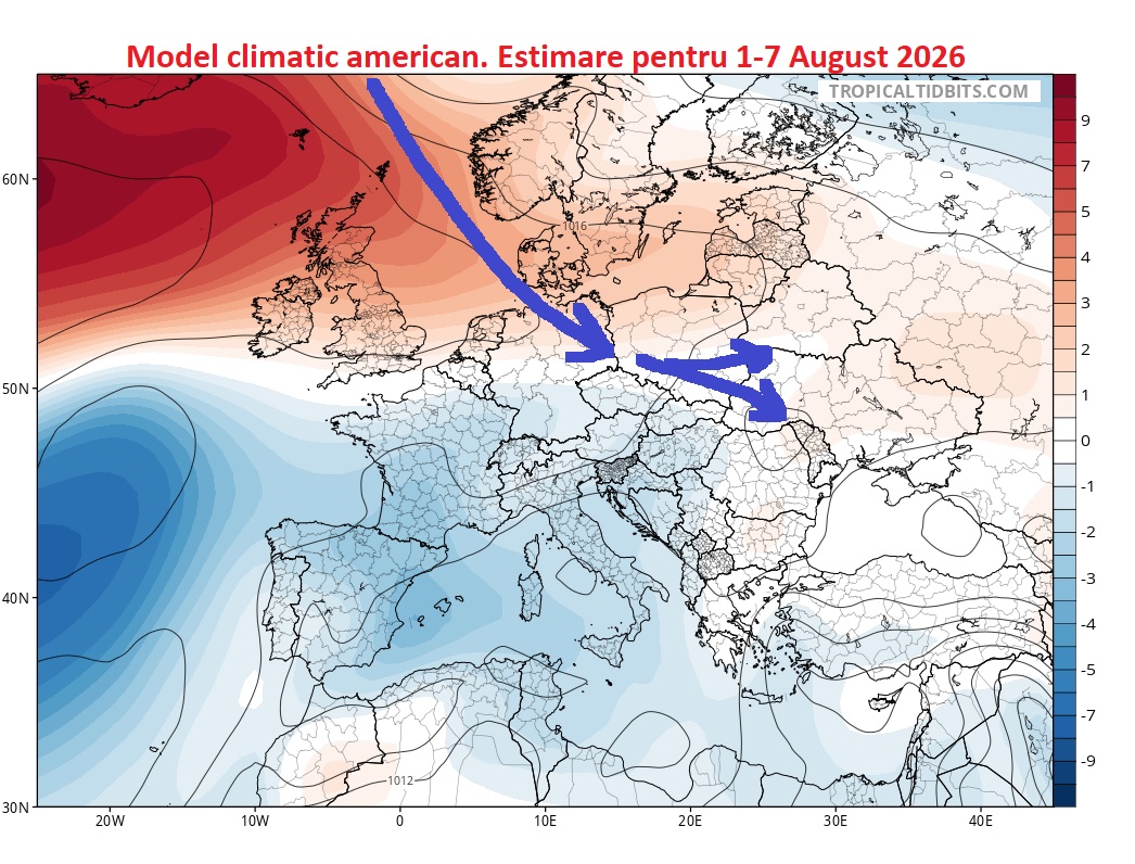 Centri de presiune estimati pentru perioada 1-8 August 2026