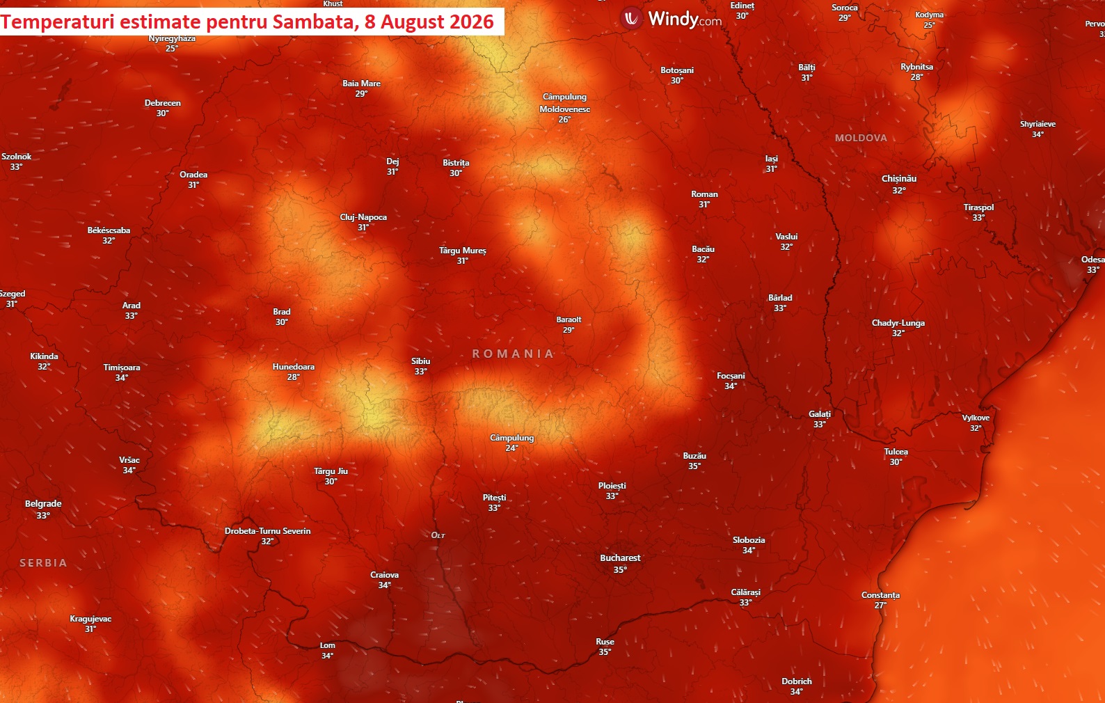 Temperatura estimată pentru Sâmbătă, 8 August 2026