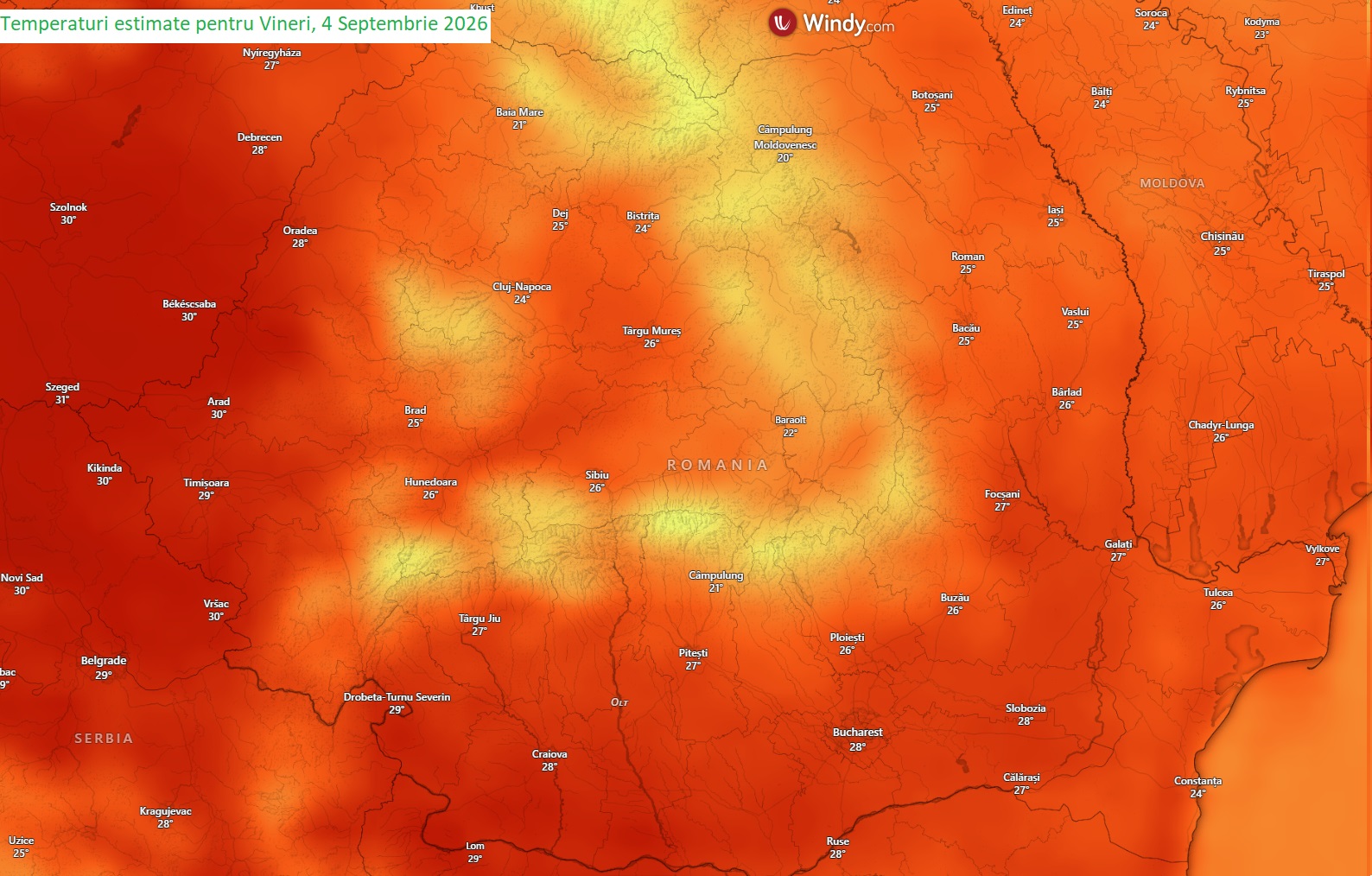 Temperaturi estimate pentru vineri, 4 septembrie 2026