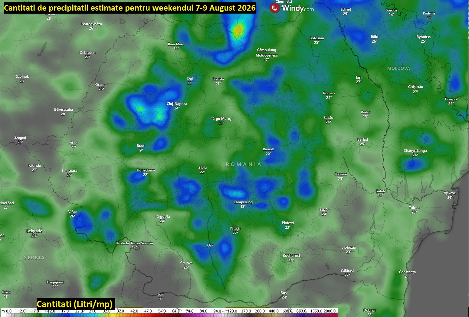 Cantități de precipitații estimate pentru weekendul 7-9 August 2026