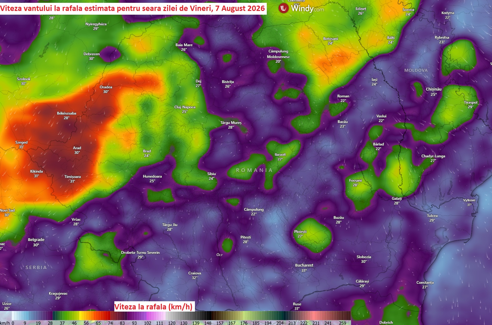 Viteza vantului la rafala, estimata pentru seara zilei de Vineri, 7 August 2026