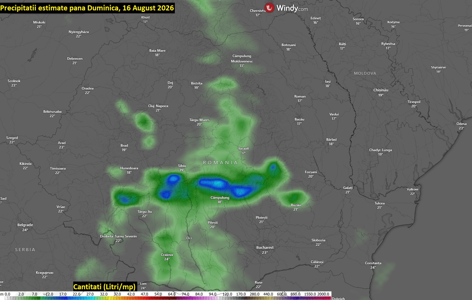Precipitații estimate până duminică, 16 august 2026