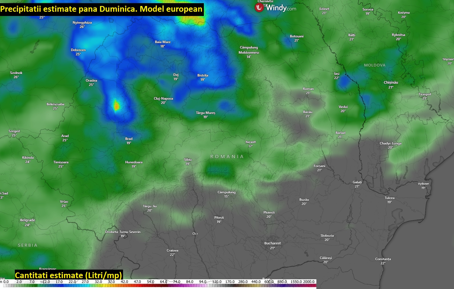Precipitații estimate până Duminică, 23 August 2026