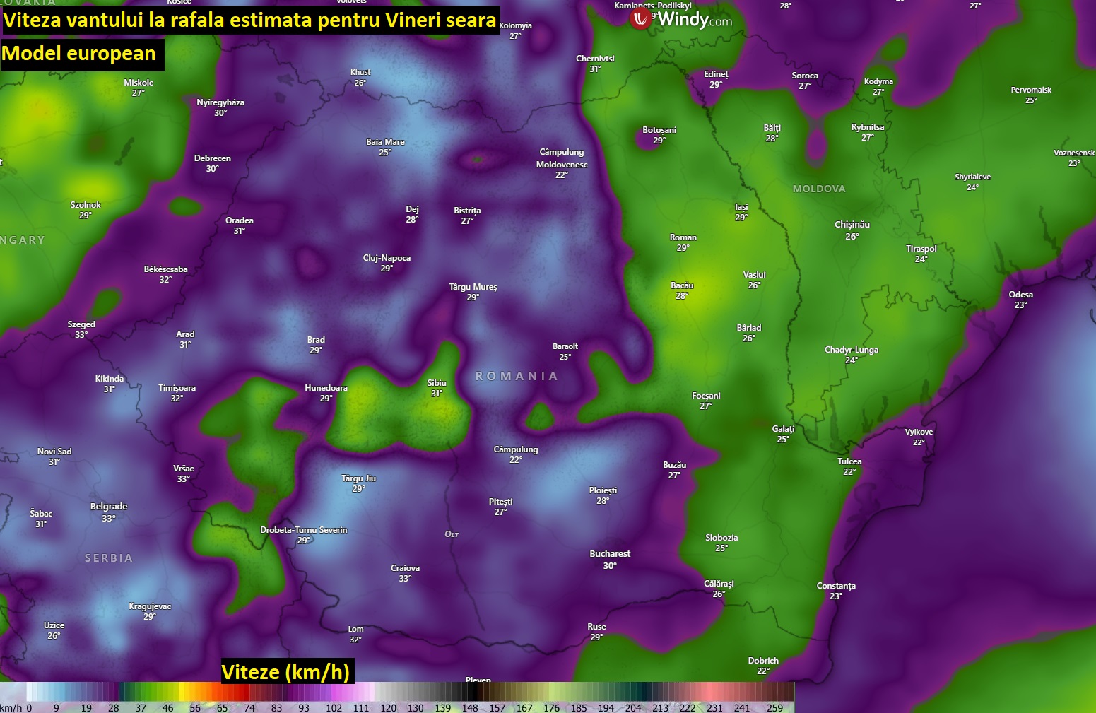 Viteza vântului la rafală, estimată pentru vineri, 21 august seara