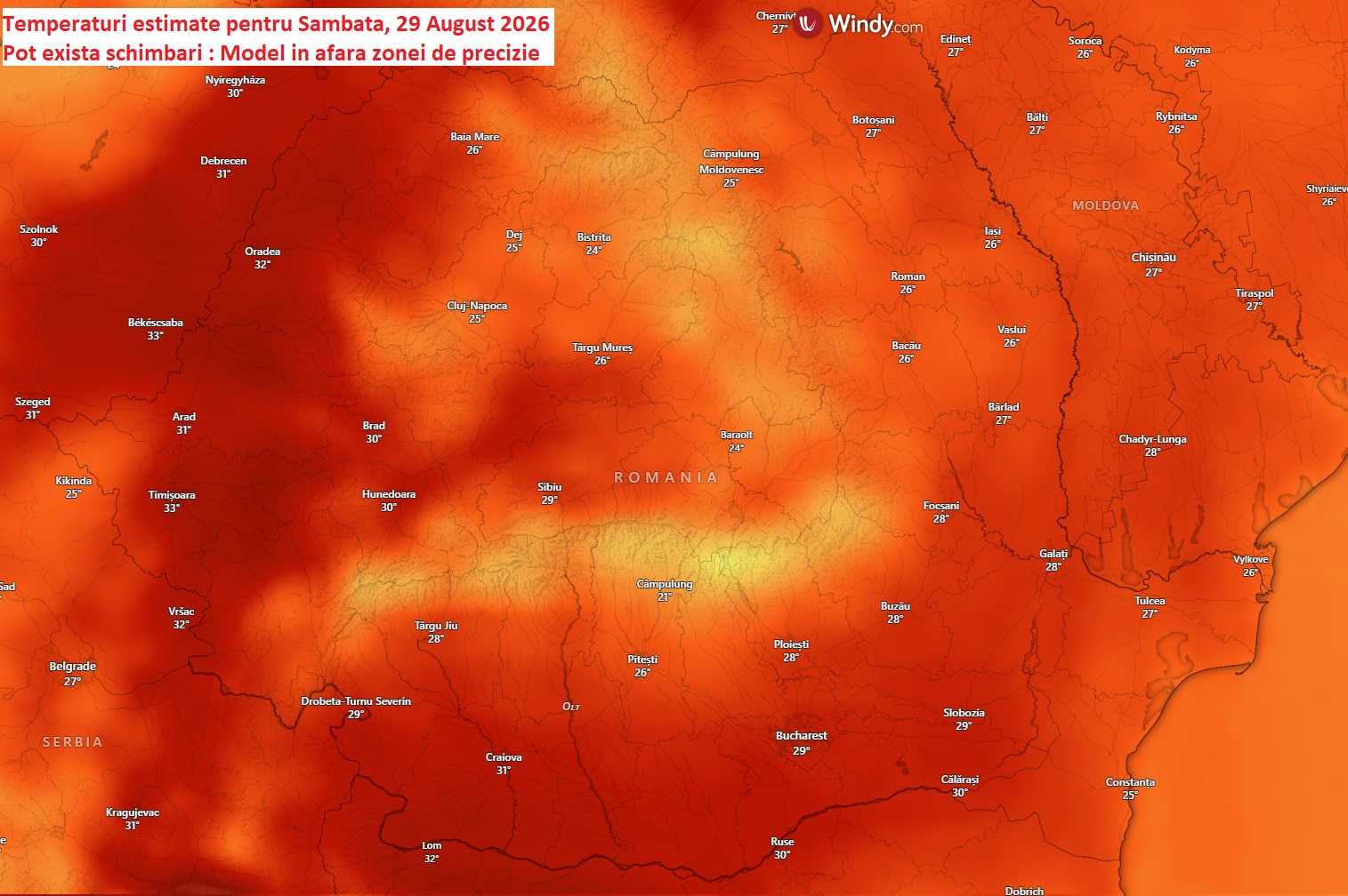 Temperaturi estimate pentru Vineri, 28 August 2026