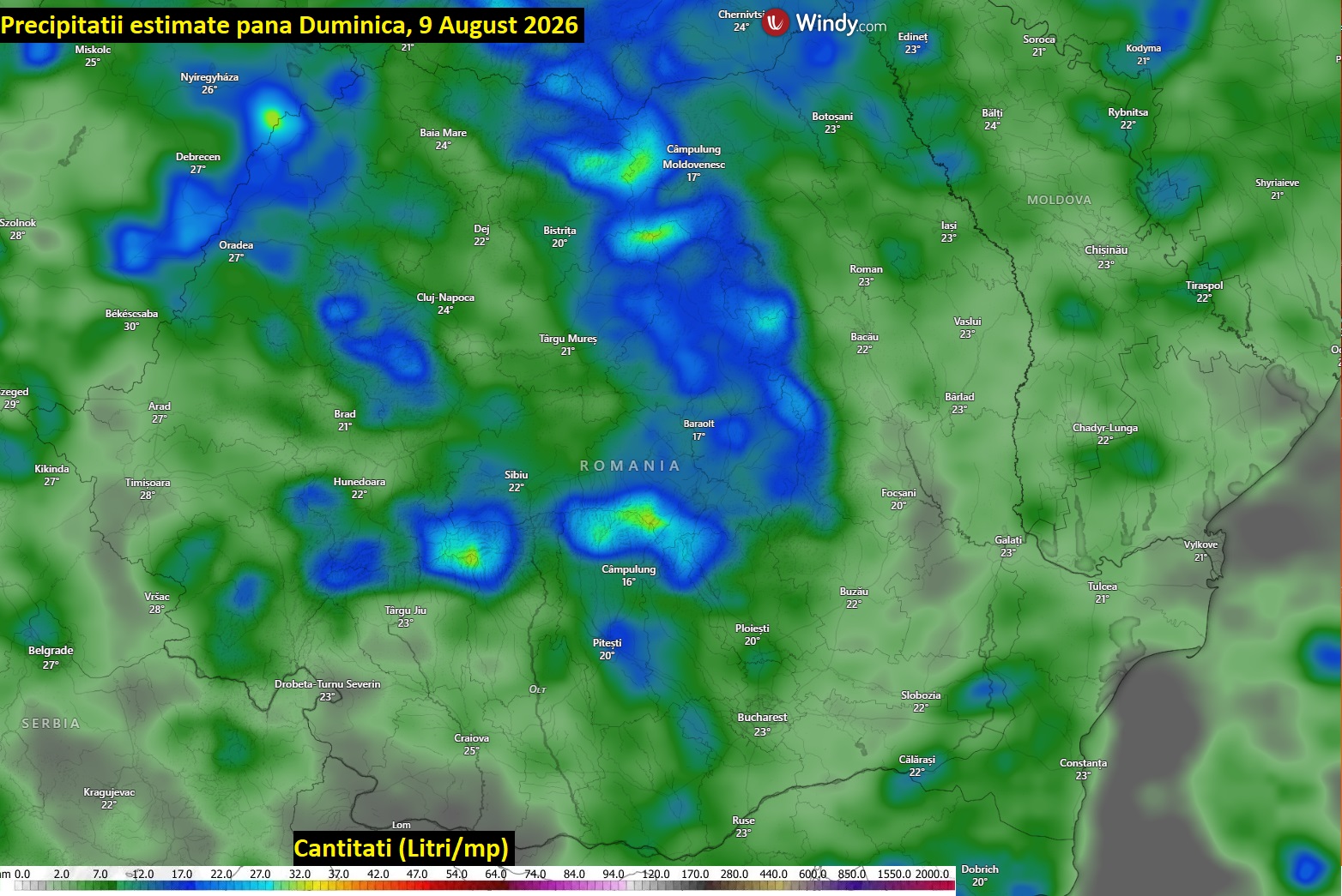 Precipitații estimate până Duminică, 9 August 2026